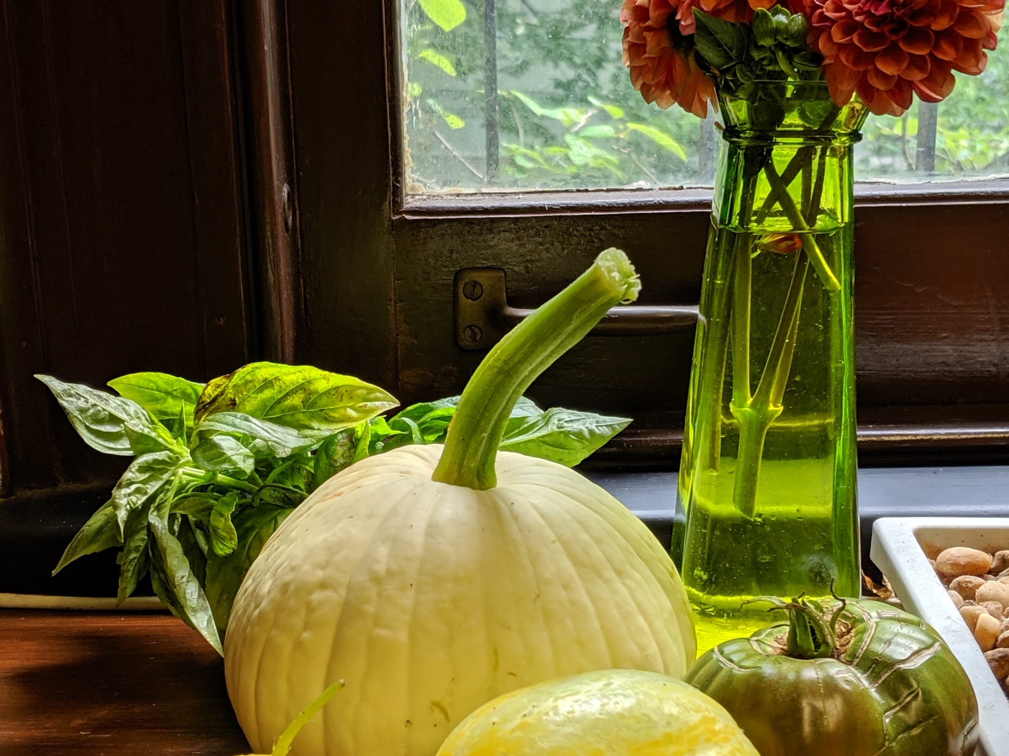 still life showing freshly picked late summer produce, cucumber, tomato, basil, gourd, zinnia